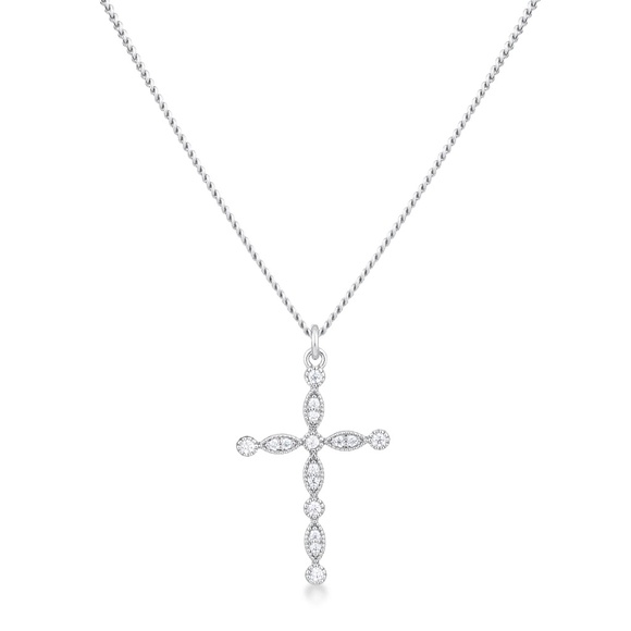 Delicate Vintage Rhodium Plated Clear CZ Cross Pendant - Picture 2 of 2